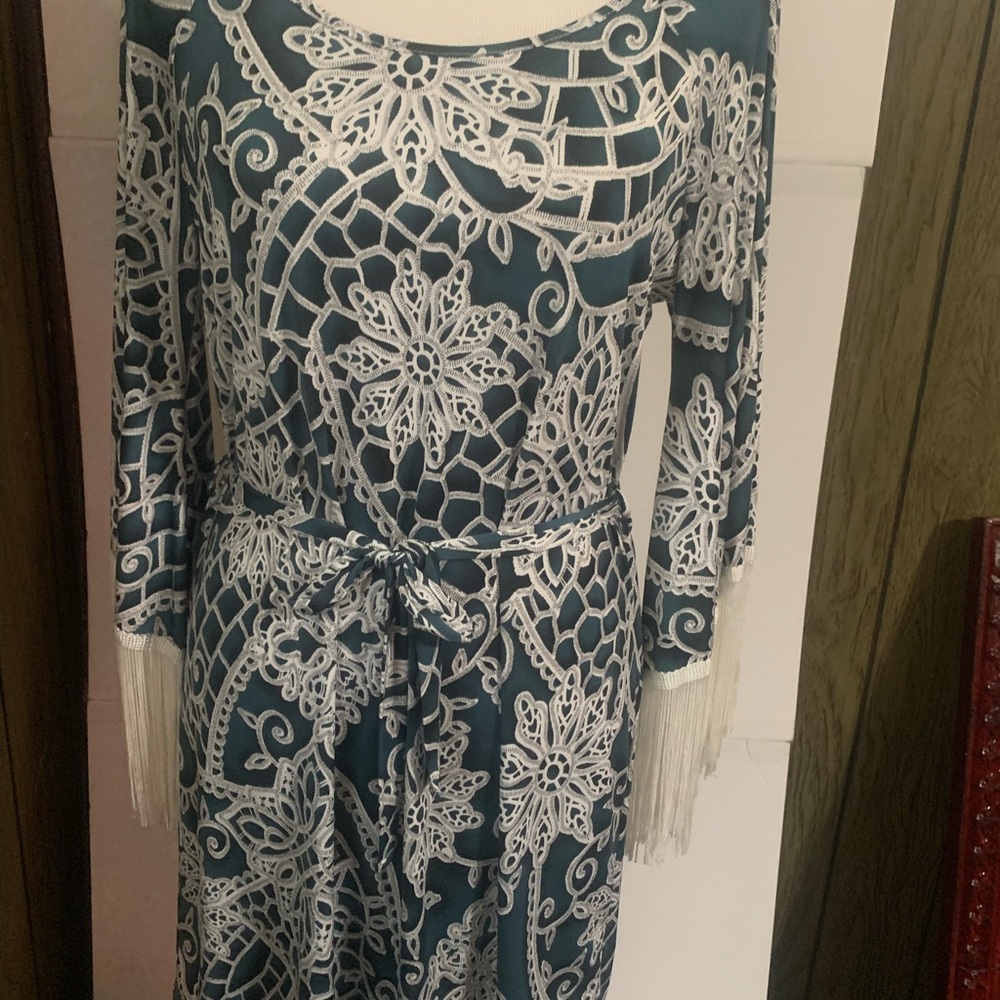 Elegant Deep Green and White Mini Dress with fringes on sleeves